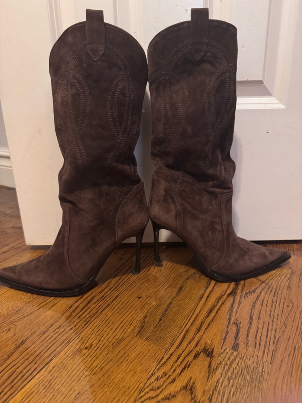 Women's Brown Suede Pointed-Toe Western High-Heel Boots - Picture 3 of 7